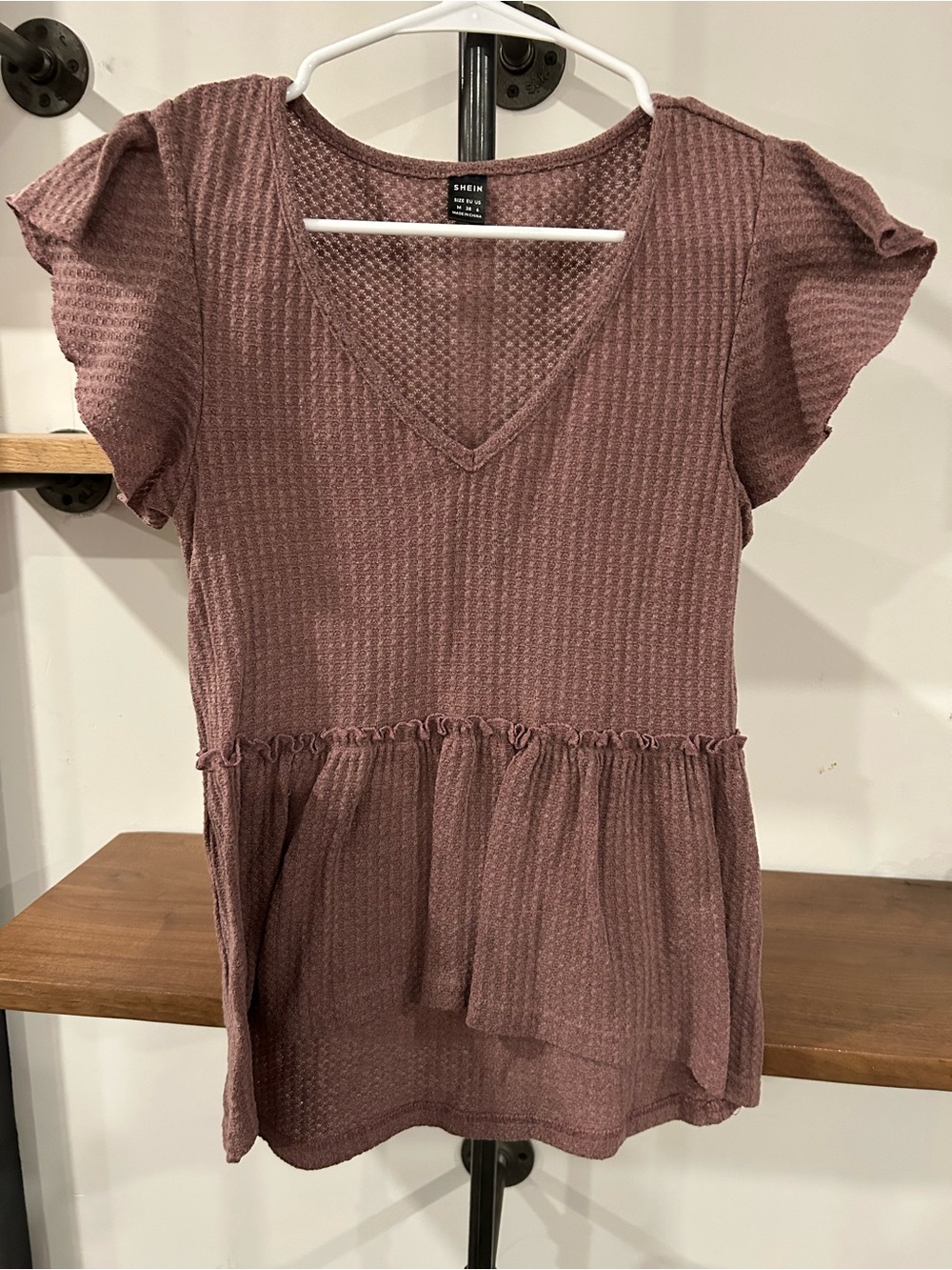 SHEIN Dusty Mauve Waffle Knit V-Neck Peplum Tunic